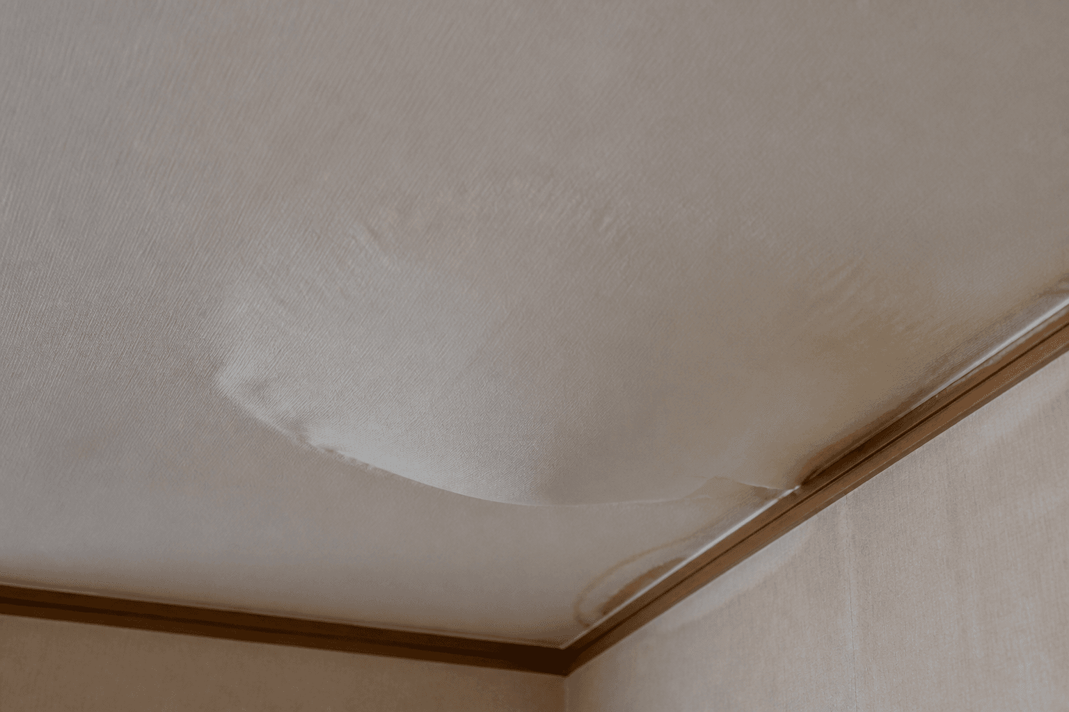雨漏りによって水ぶくれのように膨らんだ天井のクロスの実際の写真]