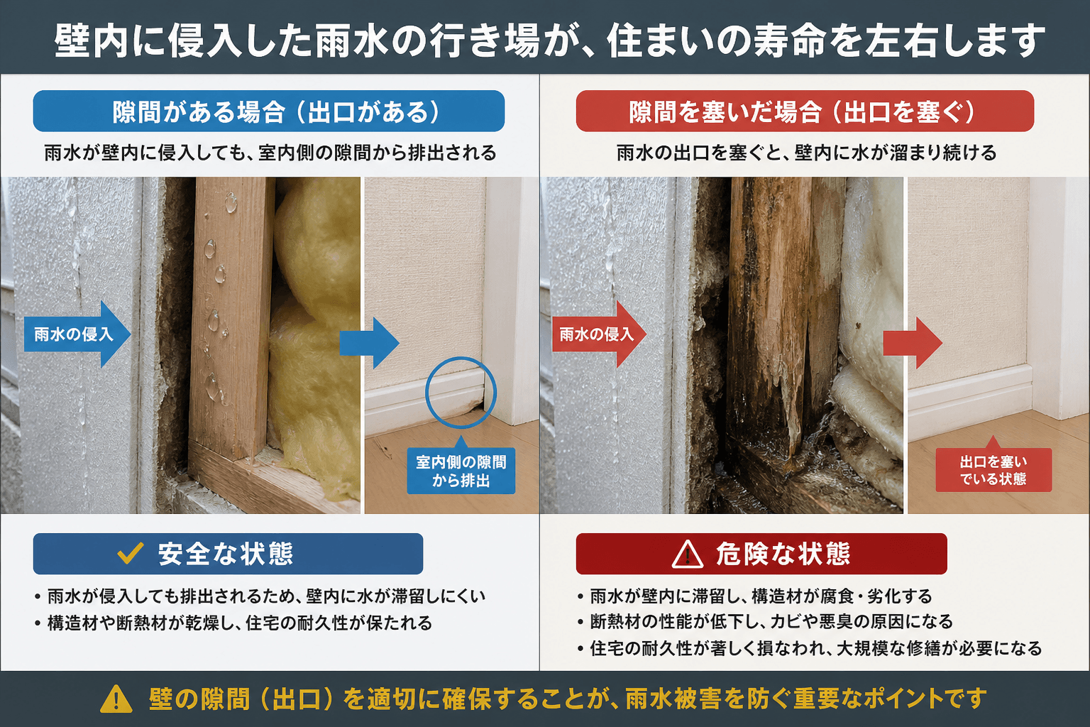 雨水が壁の内部に侵入し、室内側の隙間（出口）から漏れ出てくる様子と、その出口を塞いだ結果、水が壁内部に溜まって構造材を腐らせる様子の比較図。ユーザーに危険性を直感的に理解させる。]