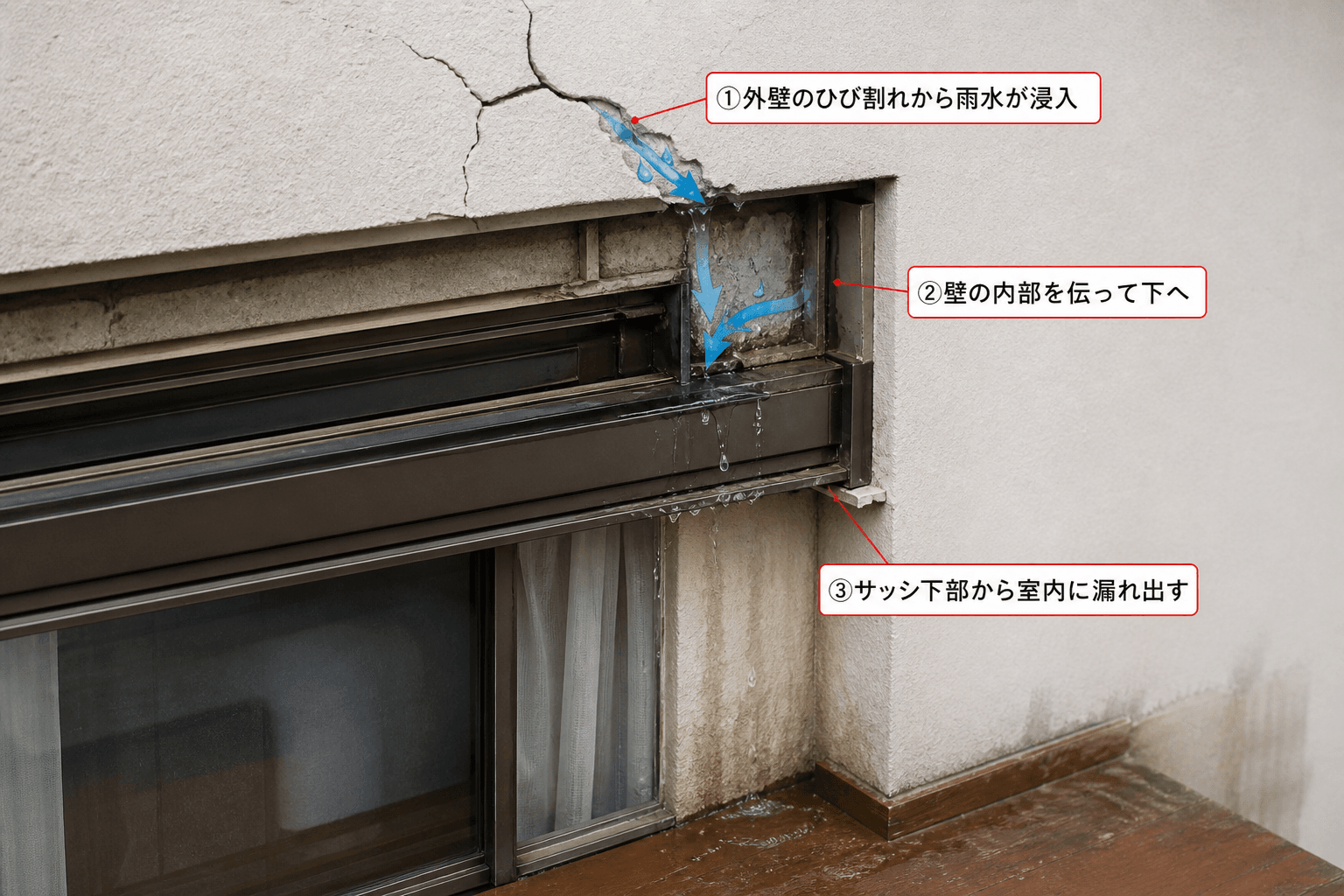 窓の上の外壁のひび割れから雨水が浸入し、壁の内部を伝ってサッシ下部から室内に漏れ出してくる様子を示したイラスト。]
