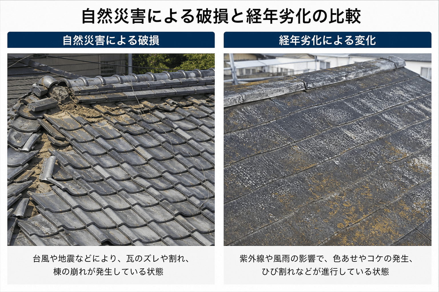 自然災害で破損した屋根（例：瓦がずれている、棟板金がめくれている）と、経年劣化した屋根（例：全体的に色褪せやコケが発生している、ひび割れが多数ある）を比較している写真]