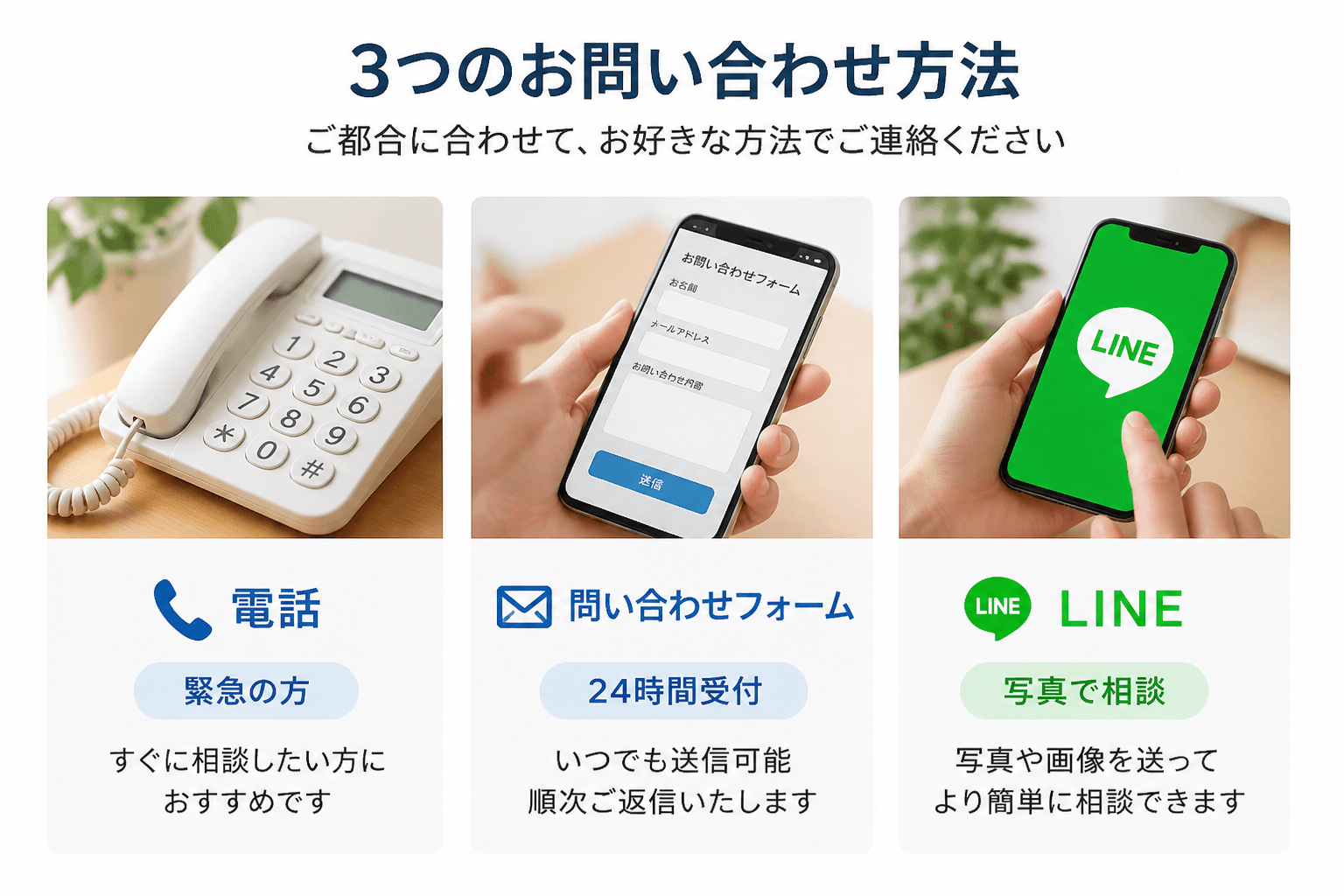 「電話」「問い合わせフォーム」「LINE」の3つのアイコンを並べ、それぞれの特徴（「緊急の方」「24時間受付」「写真で相談」など）を簡潔に記載した図]