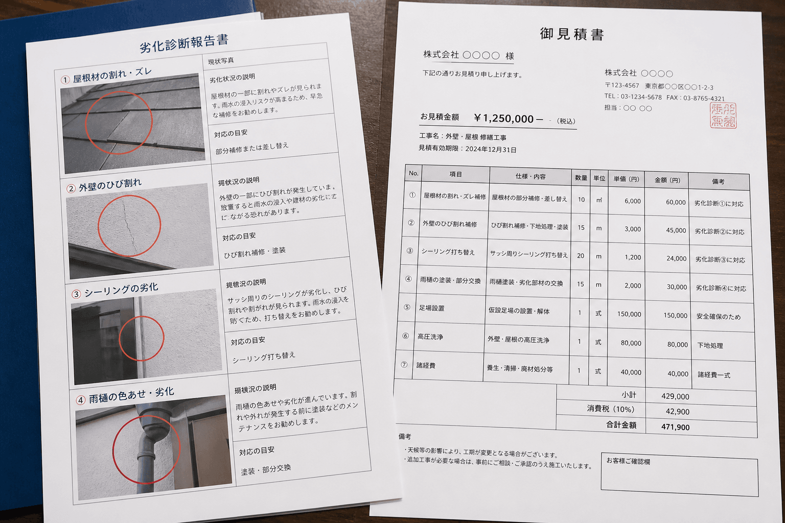 劣化箇所を指し示した写真と、それに対応する見積もり項目が記載された、実際の報告書と見積書のサンプル画像。透明性をアピールする。]