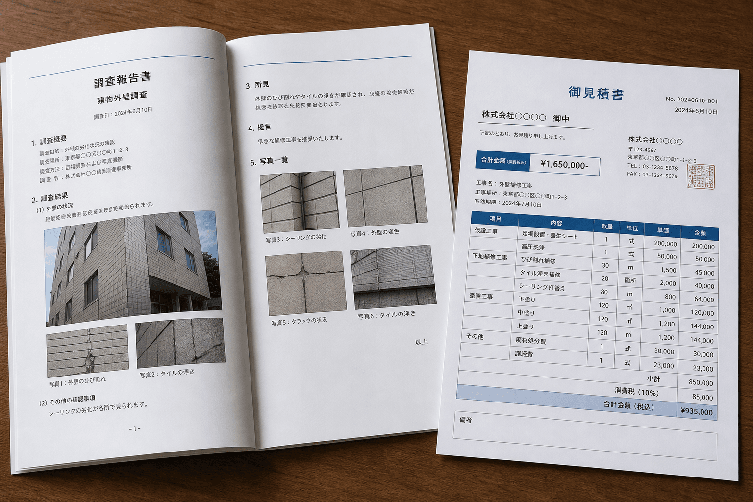 写真付きの調査報告書と、内訳が詳細に記載された見積書の見本画像]