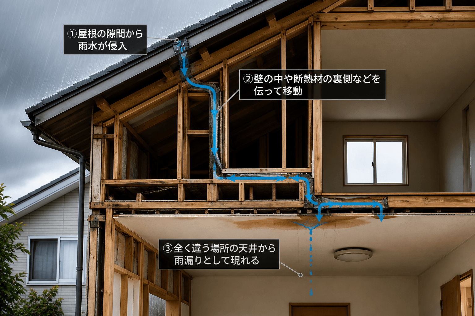 雨漏りの侵入経路の複雑さを示す図（屋根の隙間から入った雨水が、壁の中を伝って全く違う場所の天井から漏れる様子）]