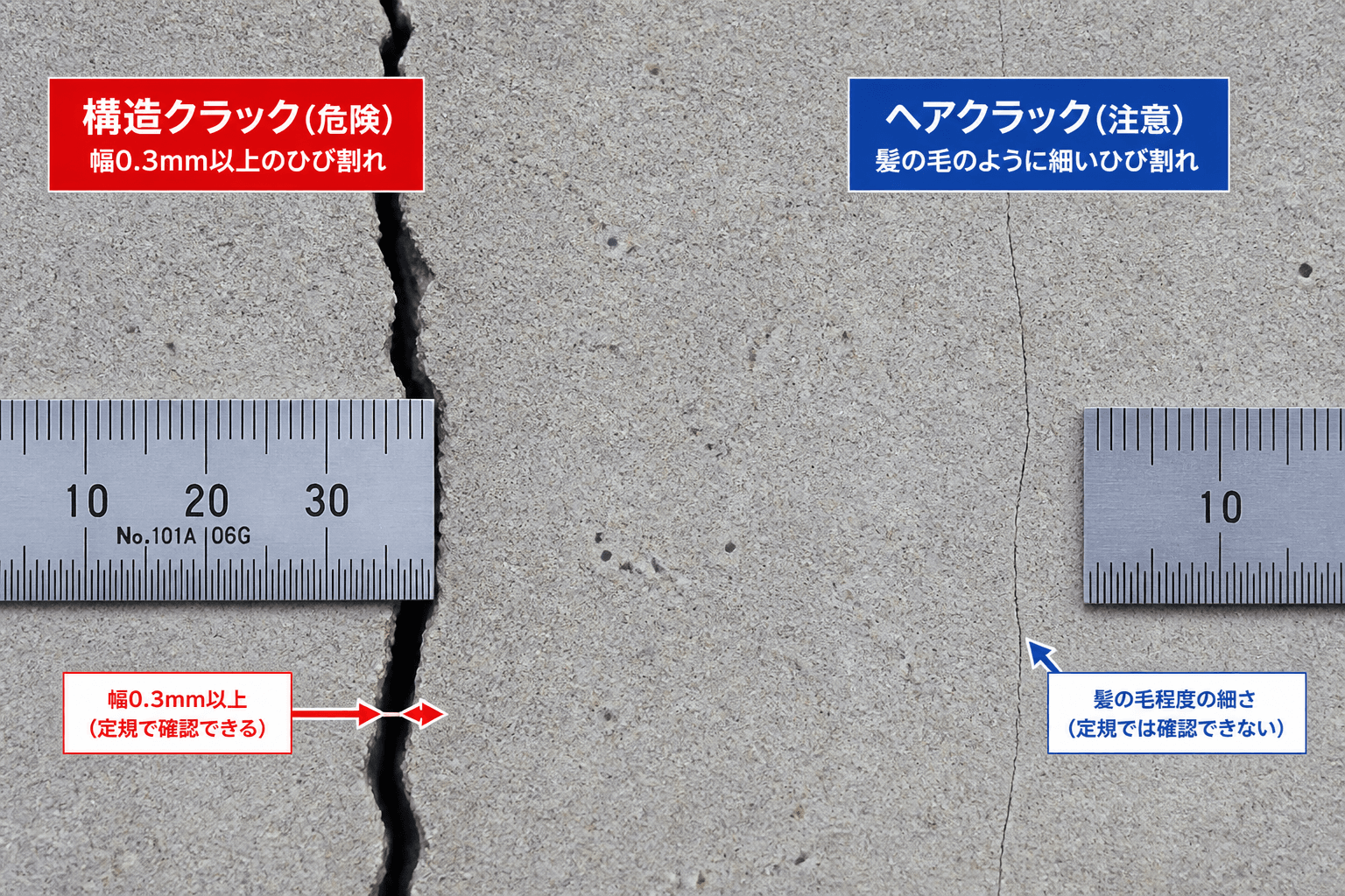 幅0.3mm以上の危険なひび割れ（構造クラック）と、髪の毛のように細いヘアクラックの比較写真。定規などを当てて幅の違いがわかるようにしたもの。]
