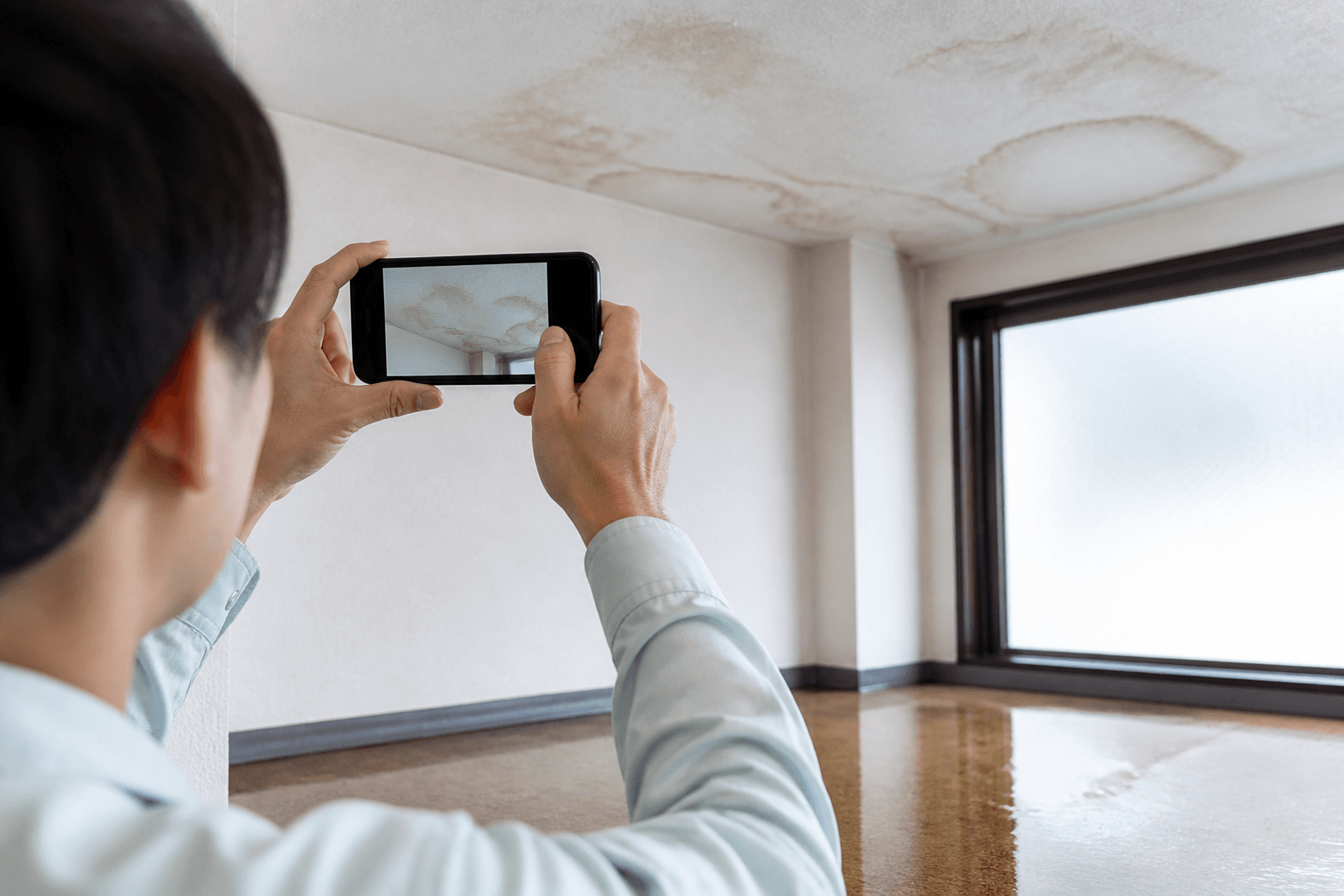 スマートフォンで天井のシミを撮影している手の写真。撮影すべき対象（シミ、濡れた床）がわかるような構図。]