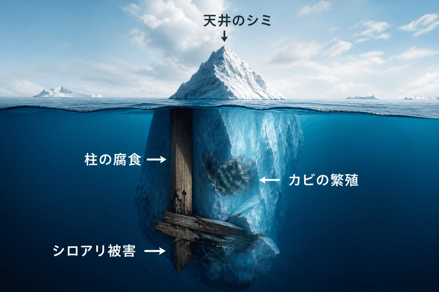 「氷山の一角」をテーマにしたイラスト。水面の上に見える小さな「天井のシミ」と、水面下に隠れている巨大な氷塊として「柱の腐食」「カビの繁殖」「シロアリ被害」が描かれている。]