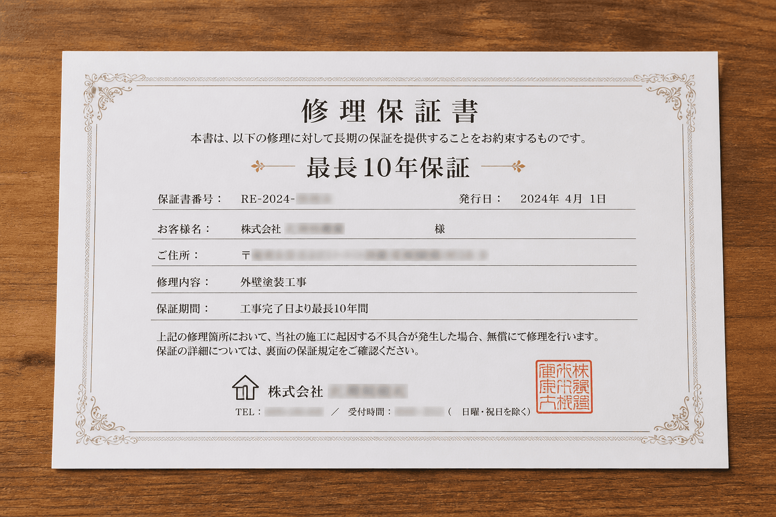 修理後の保証書（最長10年保証と記載）のサンプル画像]