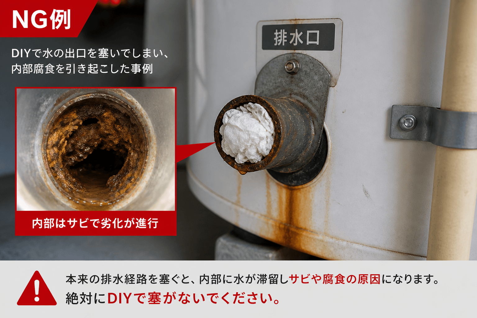 実際にDIYで水の出口を塞いでしまい、内部腐食を引き起こした現場の写真。NG例としてキャプションを付ける。]