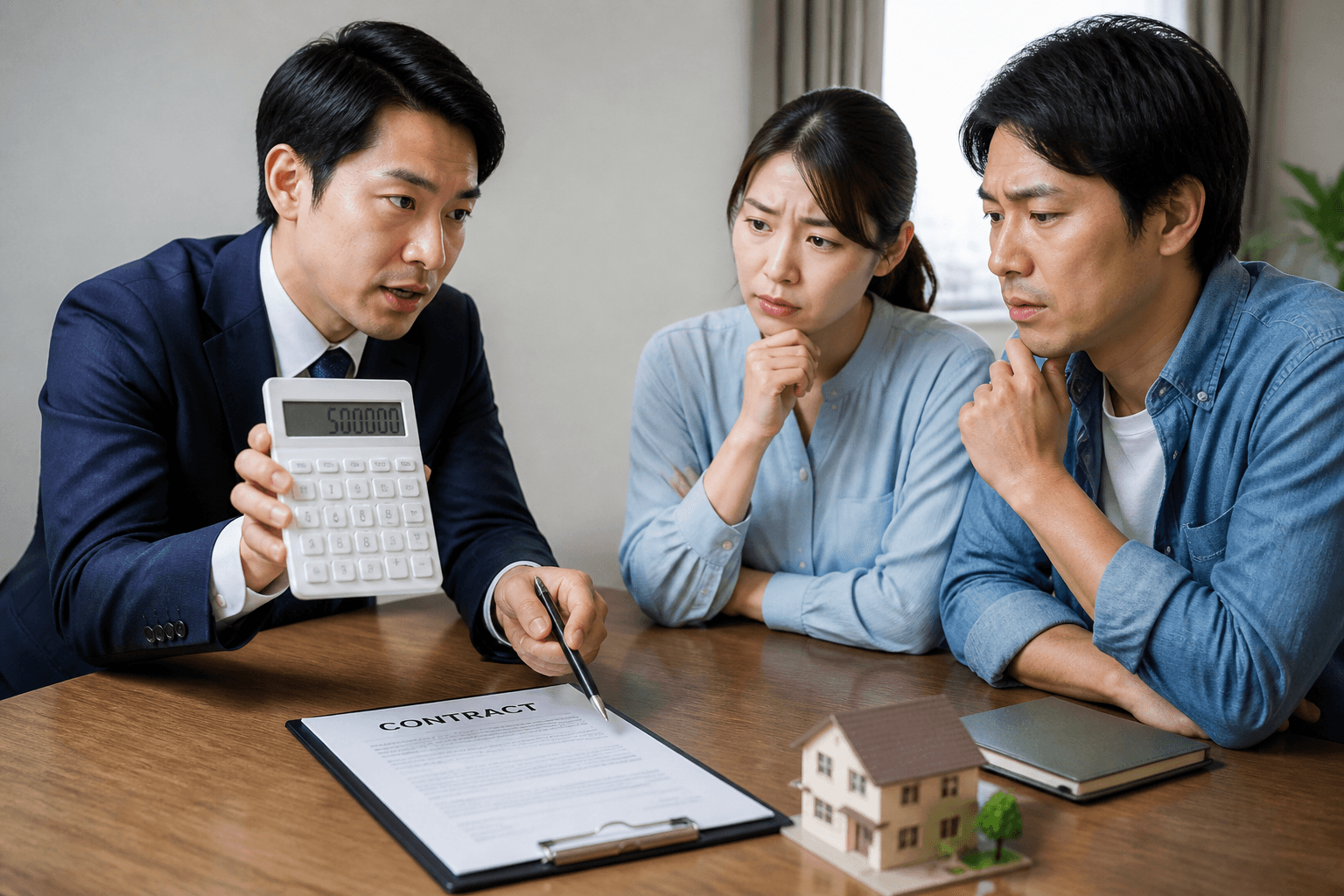 電卓を見せながら契約書にサインを迫る営業マンと、困惑する homeowners のイラスト]