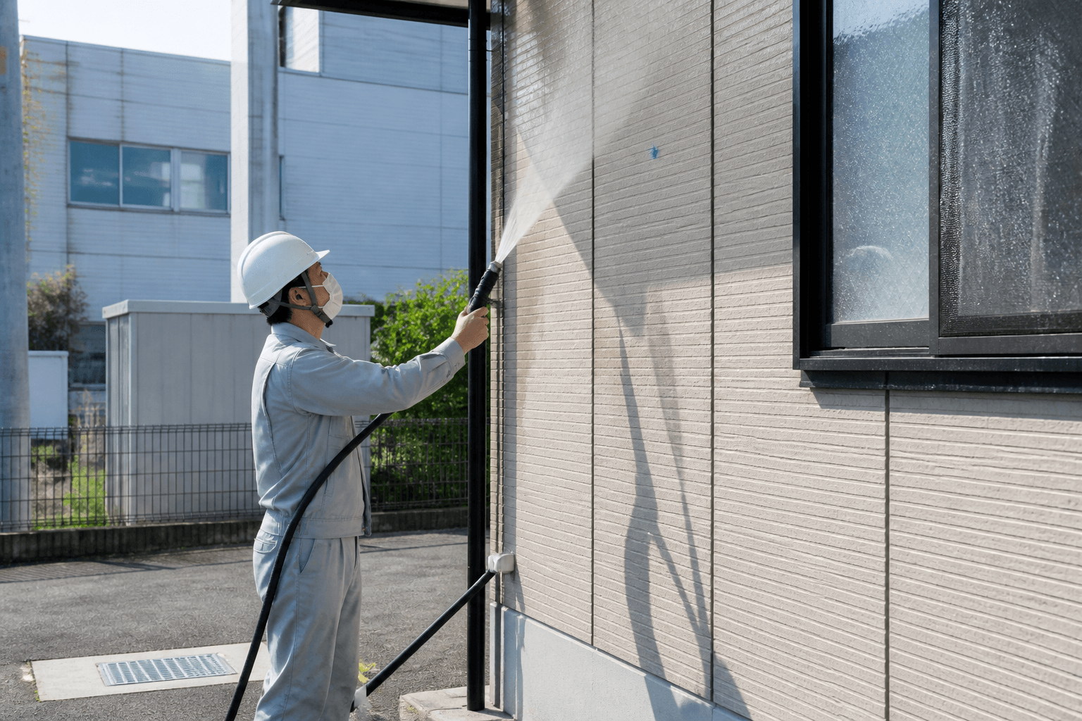 スタッフが散水調査を行っている様子の写真]