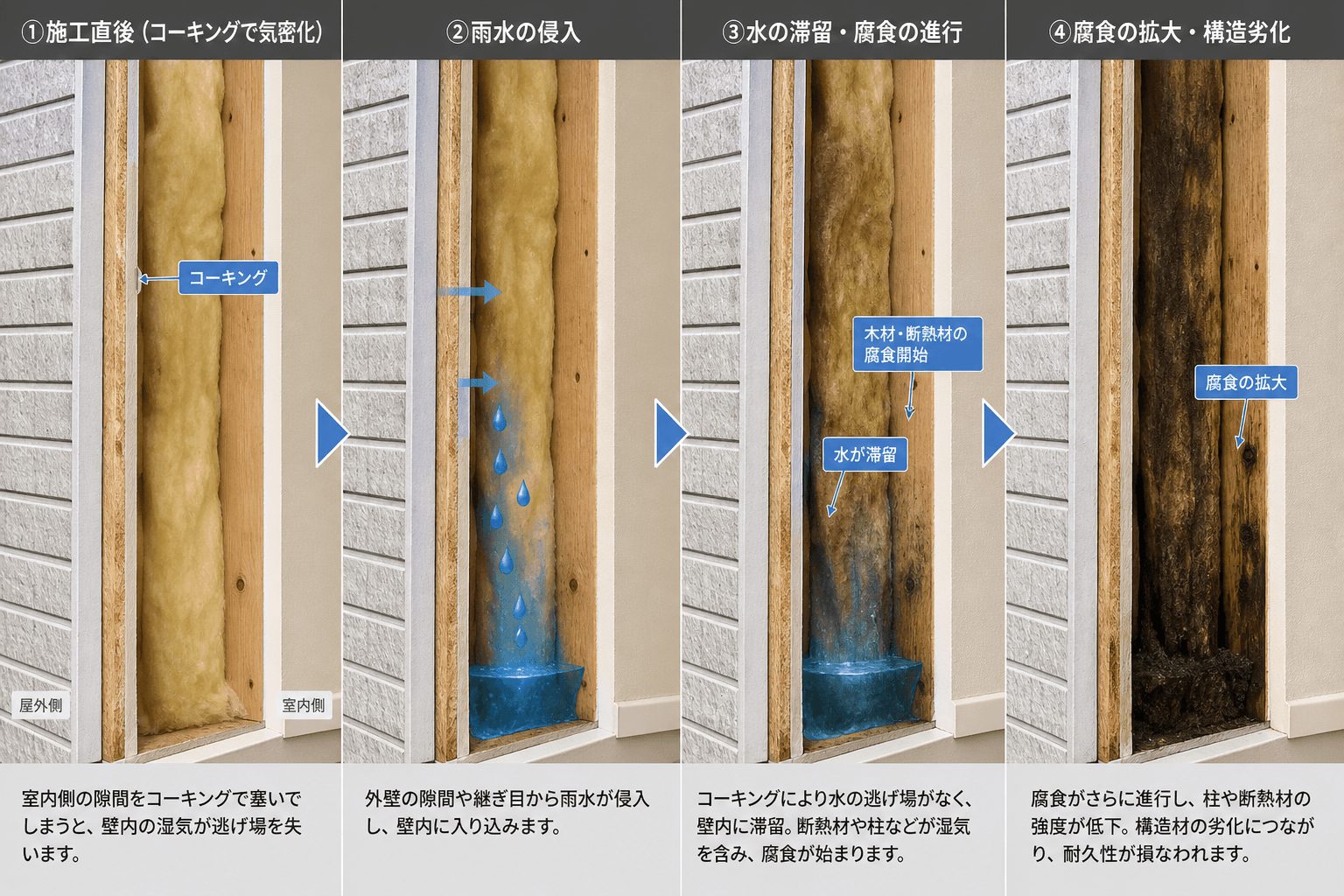 間違ったDIYのイラスト。壁の断面図で、室内側の隙間がコーキングで塞がれ、その内側に水が溜まり、断熱材や柱が黒く変色・腐食していく様子を時系列で見せる。]
