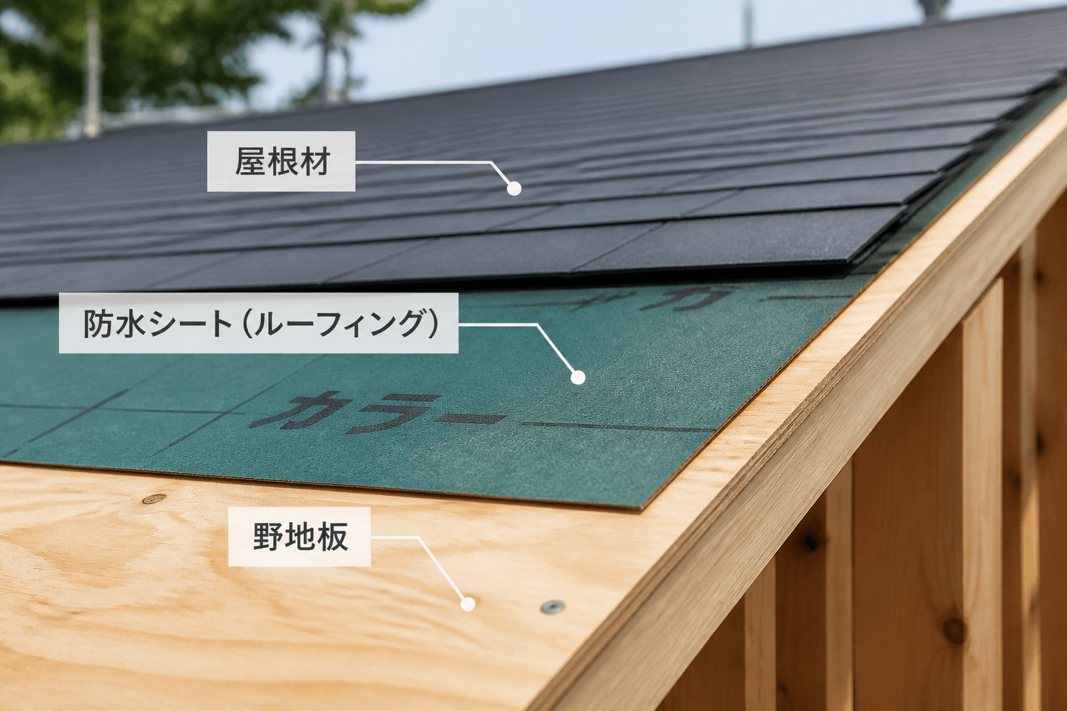 「屋根材」「防水シート（ルーフィング）」「野地板」の3層構造がわかる屋根の断面図]