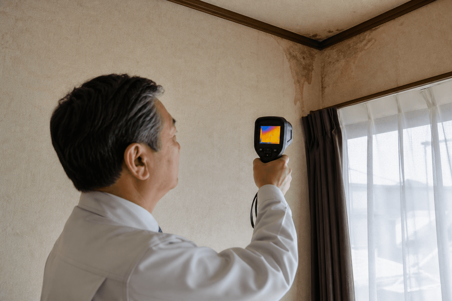 雨漏り鑑定士が専用の調査機器（サーモグラフィーなど）を使って調査している様子の写真]