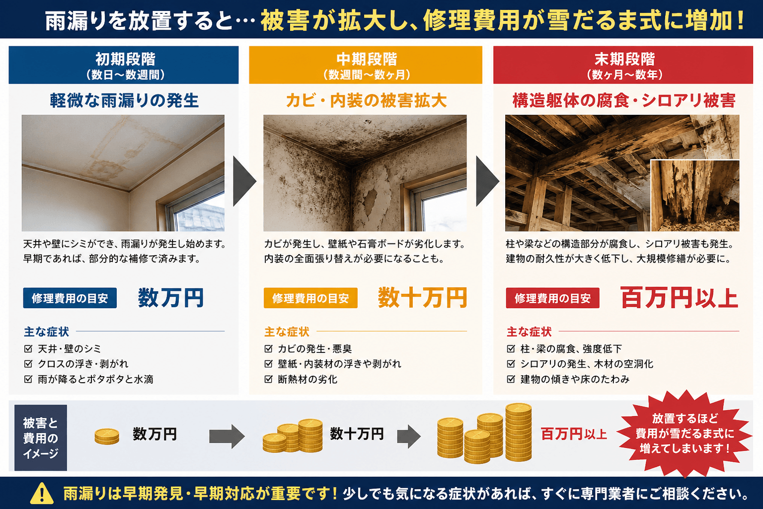 雨漏り放置による被害拡大と修理費用の増加を時系列で示すインフォグラフィック。初期段階（数万円）→カビ・内装被害（数十万円）→構造躯体の腐食・シロアリ被害（百万円以上）と費用が雪だるま式に増える様子を視