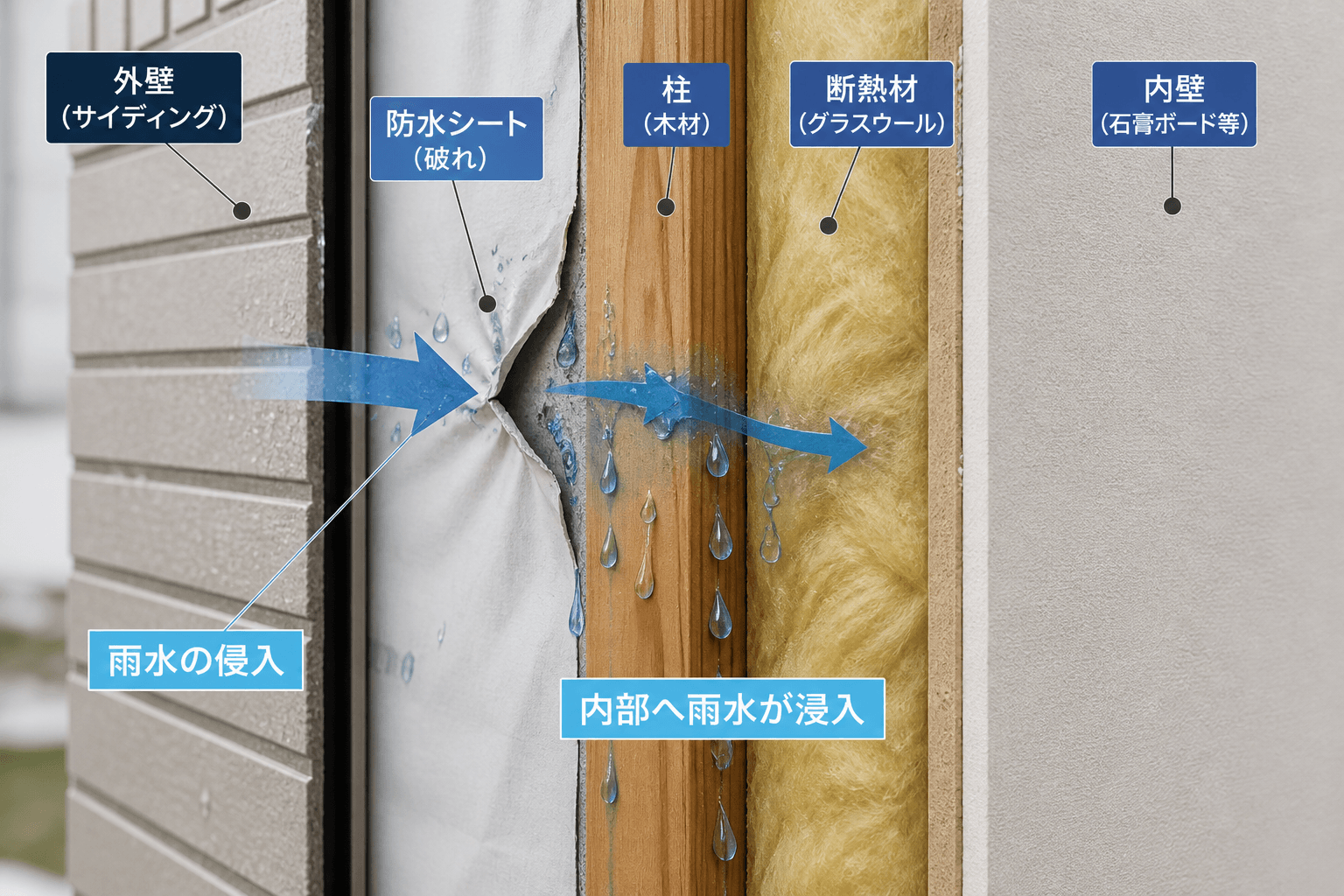 外壁、防水シート、柱・断熱材、内壁という壁の断面構造を示したイラスト。防水シートが破れている箇所から雨水が内部に侵入する様子を矢印で示す。]