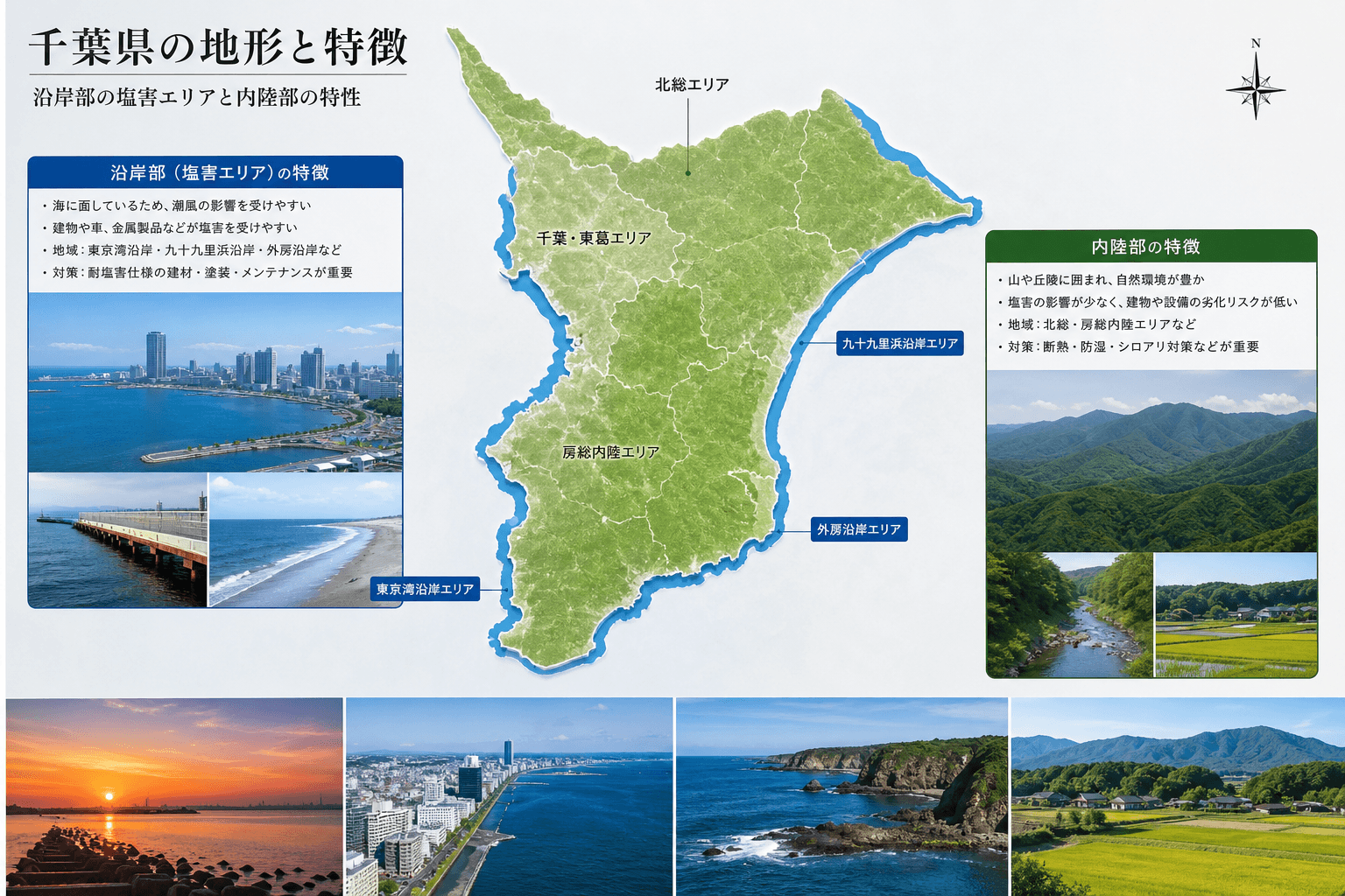 千葉県の地図を示し、沿岸部（塩害エリア）や内陸部の特徴を簡潔に説明するイラストマップ]