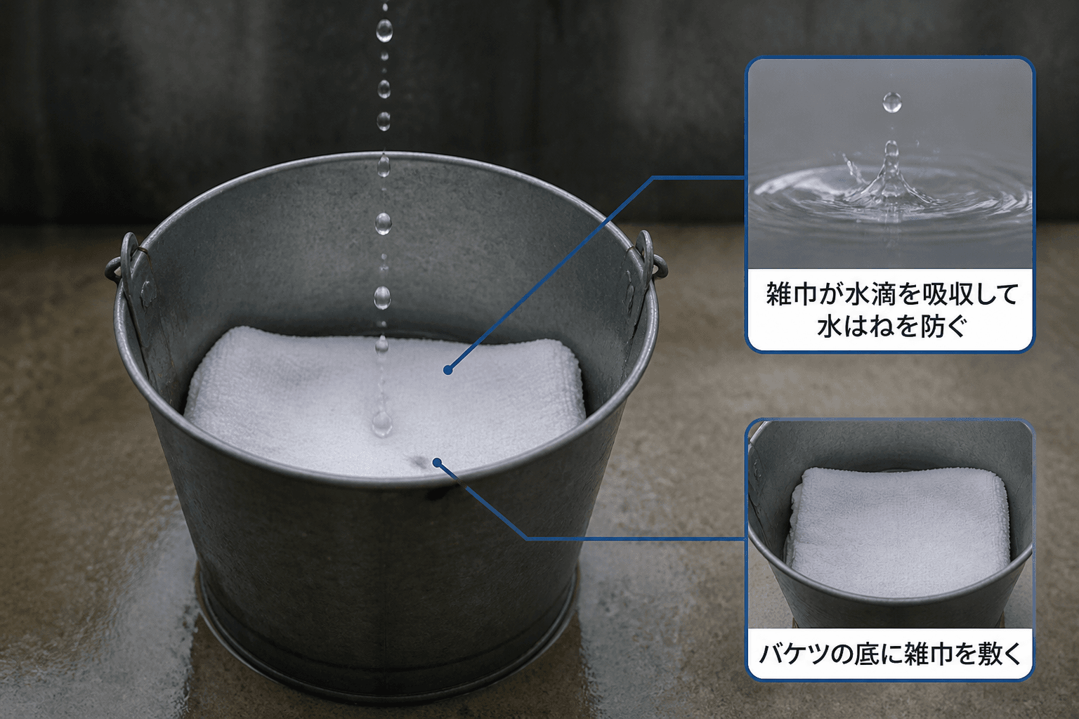 バケツの底に雑巾が敷いてあり、天井から落ちる水滴を吸収して水はねを防いでいる様子を示す簡単なイラスト。]
