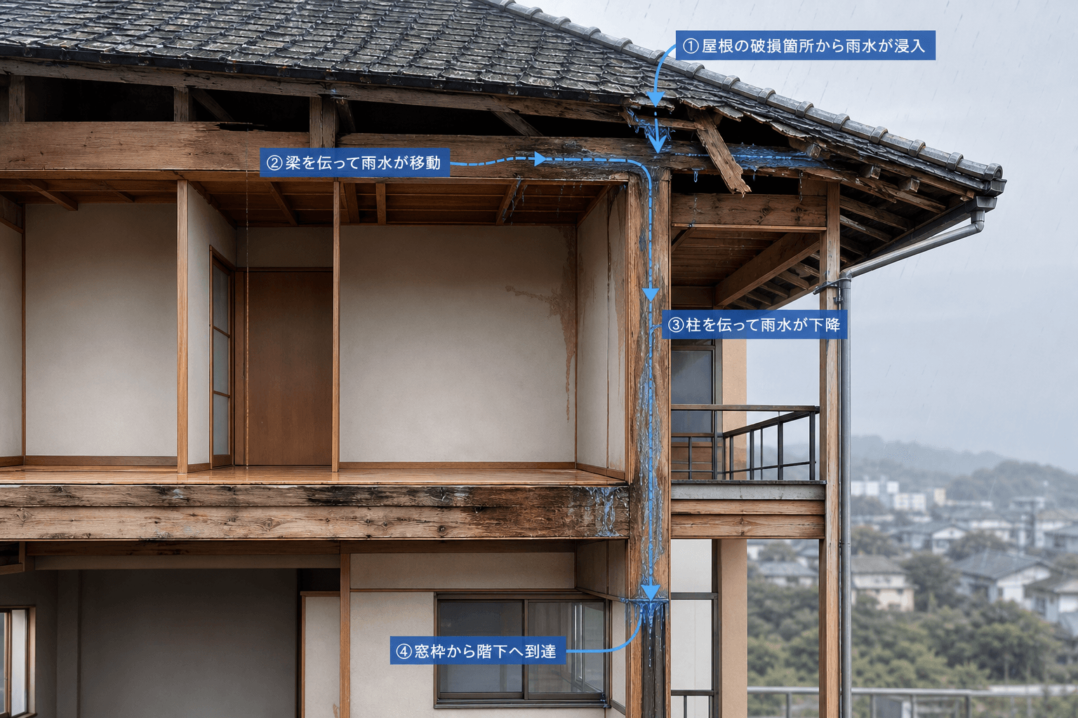 屋根の破損箇所から浸入した雨水が、梁や柱を伝って階下の窓枠に到達するまでの複雑なルートを示した建物の断面イラスト。]