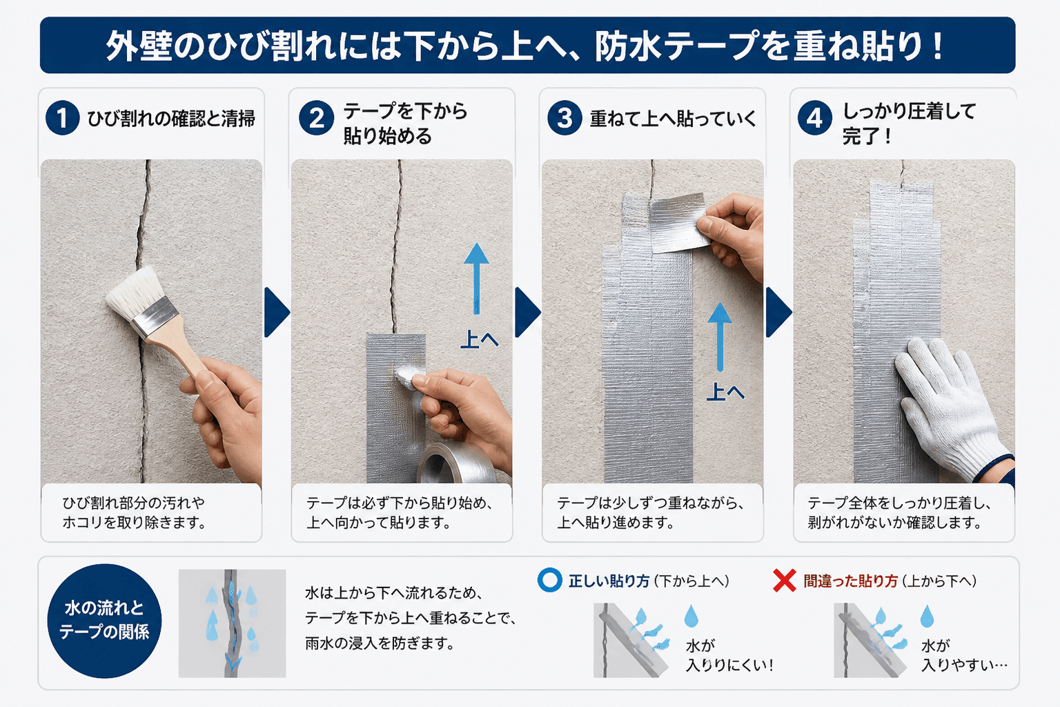 外壁のひび割れに対して、防水テープを「下から上へ」と重ねて貼っていく手順を示すシンプルなイラスト。水の流れとテープの貼り方の関係性が一目でわかるようにする。]