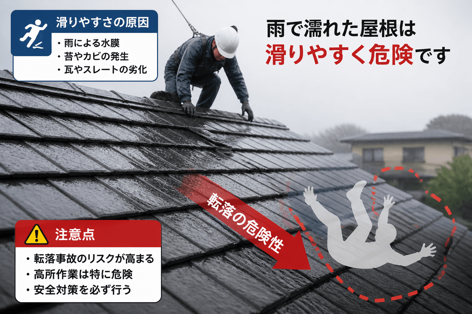 雨で濡れた屋根の滑りやすさと転落の危険性を示すシンプルなイラスト]
