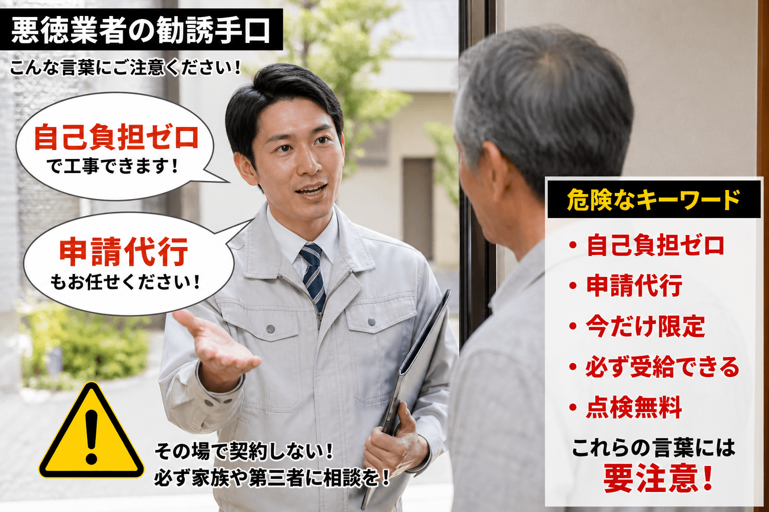 「悪徳業者の勧誘手口」をまとめたイラスト。訪問販売員が「自己負担ゼロ」「申請代行」といった吹き出しで話している様子を描き、危険なキーワードを赤字で強調する。]