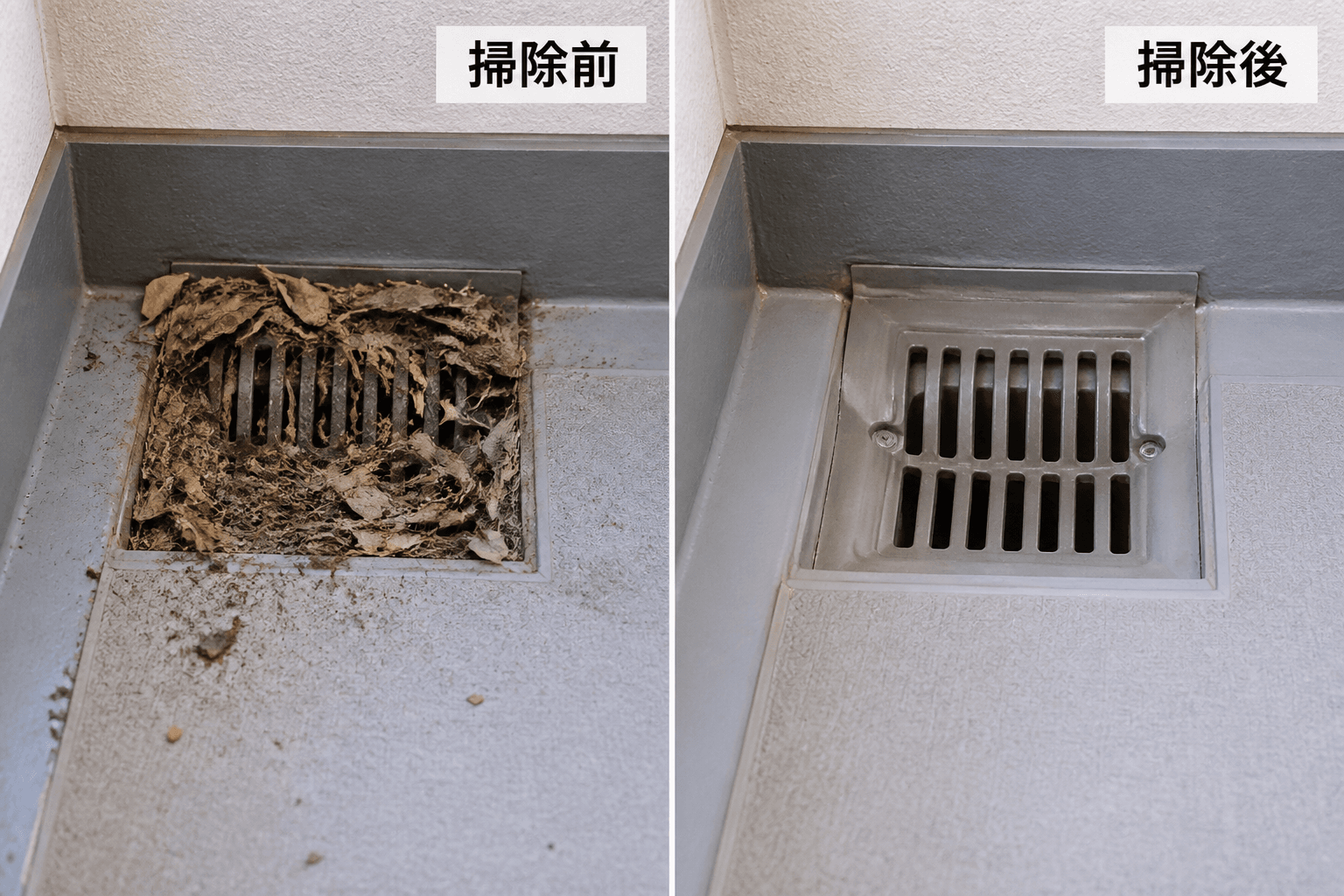 ベランダの排水口周りが落ち葉やゴミで詰まっている「掃除前」の状態と、きれいに掃除された「掃除後」の状態を比較する写真。掃除の効果が視覚的にわかるようにする。]