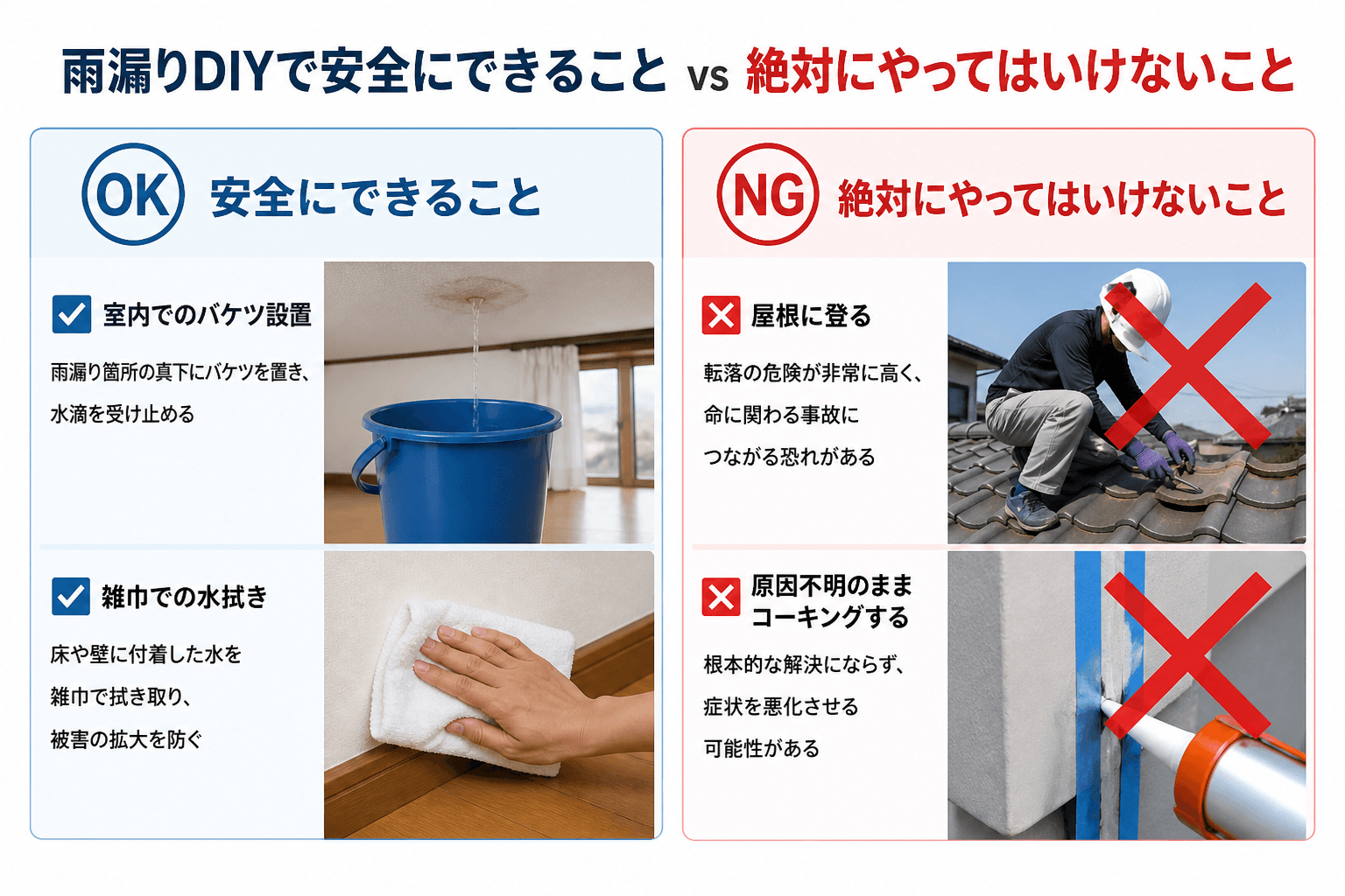 「雨漏りDIYで安全にできること vs 絶対にやってはいけないこと」の比較図。左側に「室内でのバケツ設置」「雑巾での水拭き」などOKな行動をイラストで示し、右側に「屋根に登る」「原因不明のままコーキン
