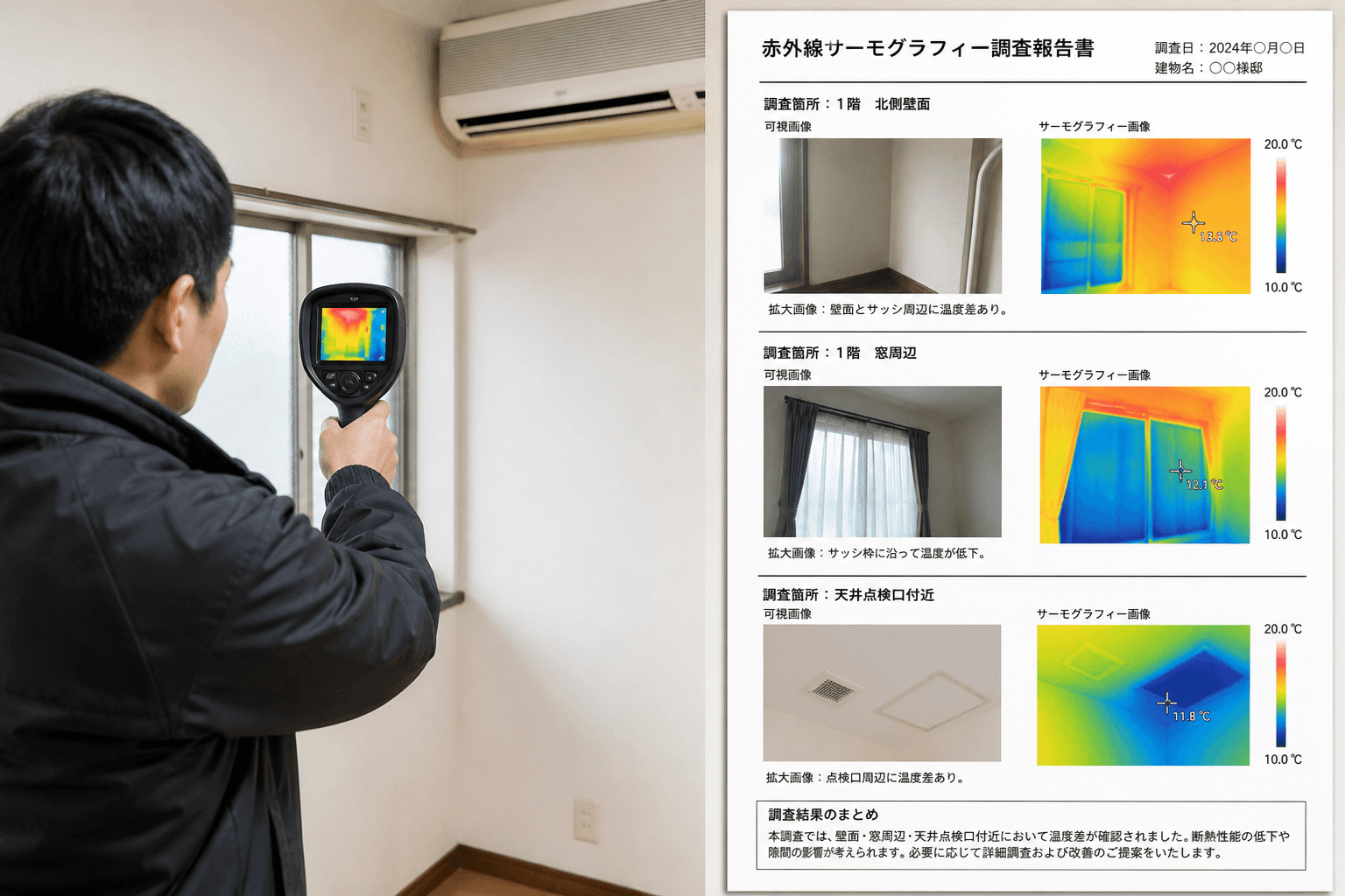 赤外線サーモグラフィーカメラを使った調査風景や、写真付き報告書の見本画像。プロの調査の具体例として信頼性を高める。]