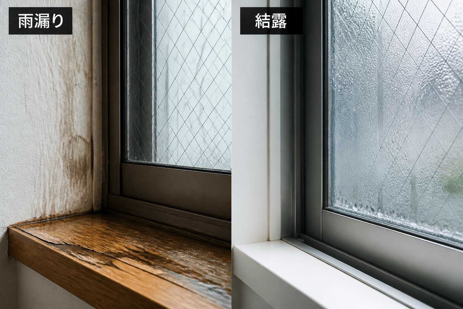 雨漏りによって濡れている窓枠と、結露によって水滴がついている窓ガラスの症状を比較できる写真]