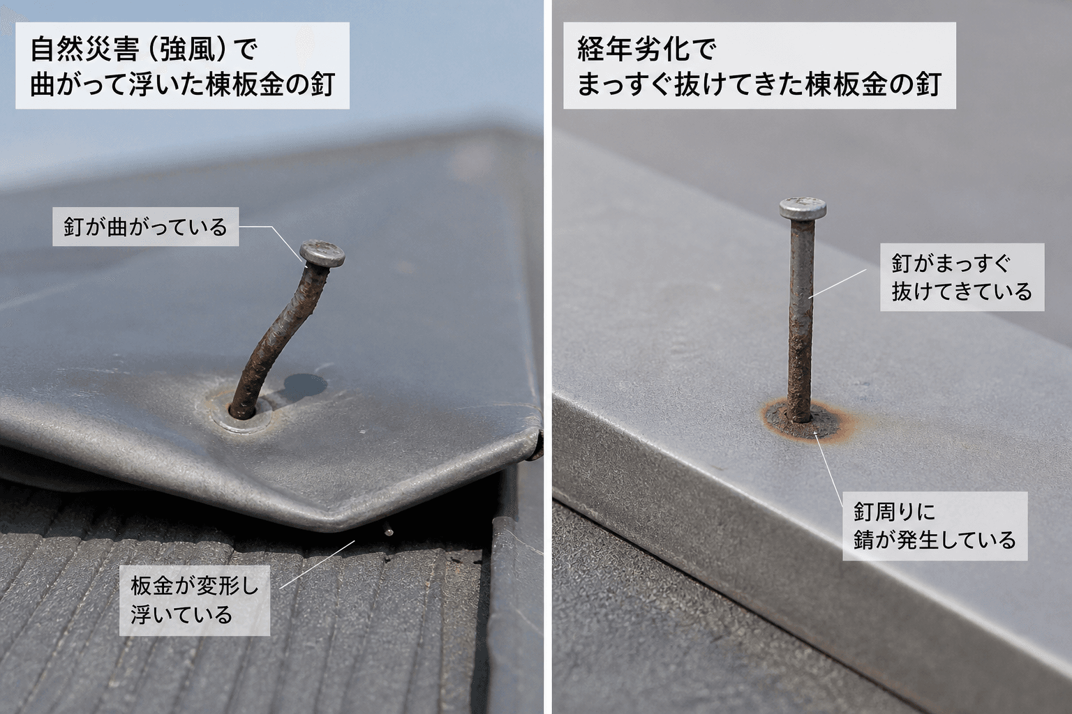 「自然災害（強風）で曲がって浮いた棟板金の釘」と「経年劣化でまっすぐ抜けてきた棟板金の釘」を並べて比較できる写真。それぞれの特徴（釘の曲がり、板金の変形、錆など）が明確にわかるクローズアップ写真。]