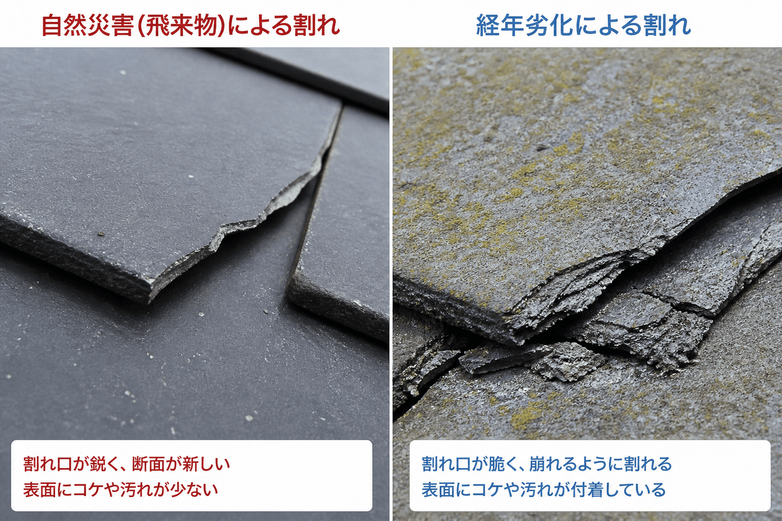 「自然災害（飛来物）で鋭く割れたスレート屋根」と「経年劣化で脆くなって崩れるように割れたスレート屋根」を並べて比較できる写真。割れた断面の新しさや、ヘアクラック、コケの付着などの違いがわかるようにする