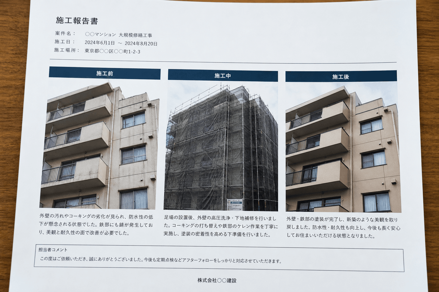 実際の写真付き報告書の見本画像。「施工前」「施工中」「施工後」の写真が並び、それぞれの説明文が記載されているページ。]
