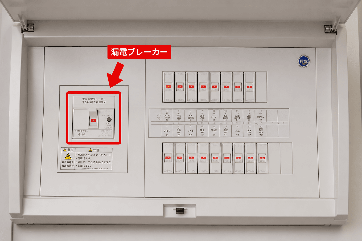 一般的な家庭用分電盤（ブレーカー）の写真。漏電ブレーカーの位置を矢印などで指し示しているもの。]