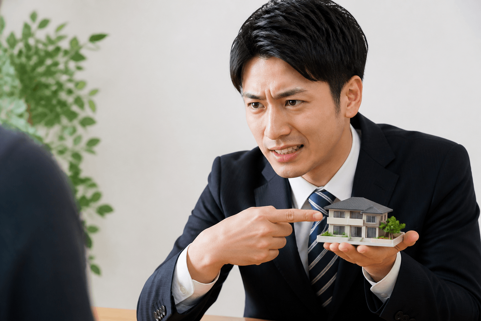 不安を煽るような表情で家の模型を指さす悪質な営業マンのイラスト]