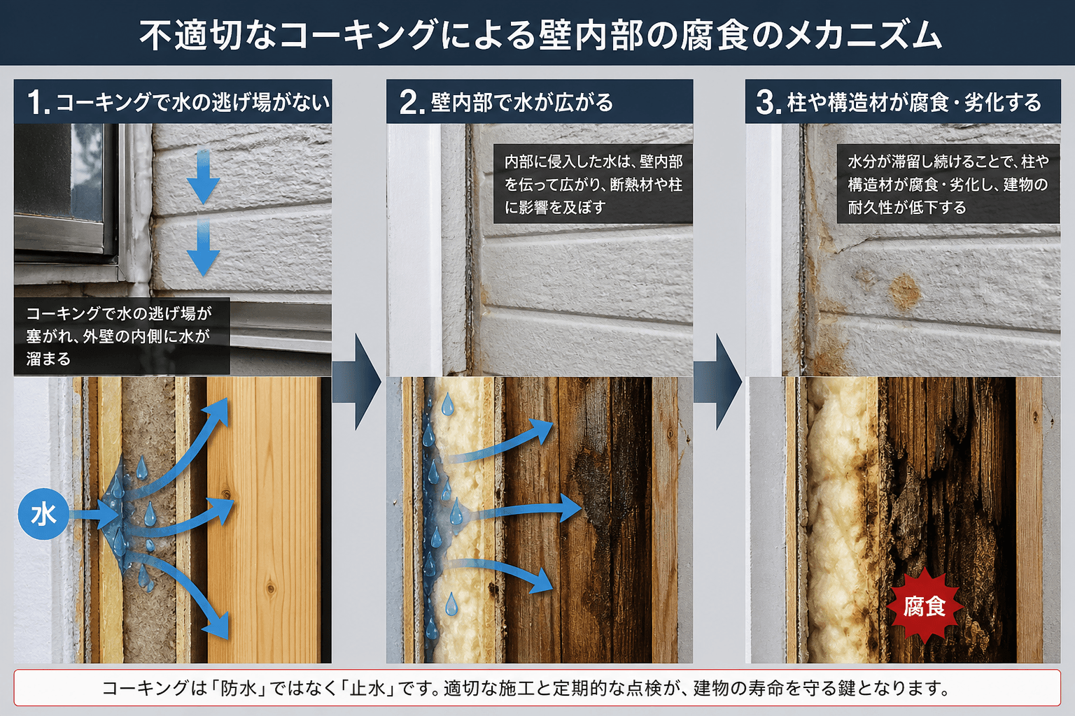 不適切なコーキングによって水の逃げ場がなくなり、壁の内部で水が広がり、柱が腐食していく様子を解説するイラスト。]