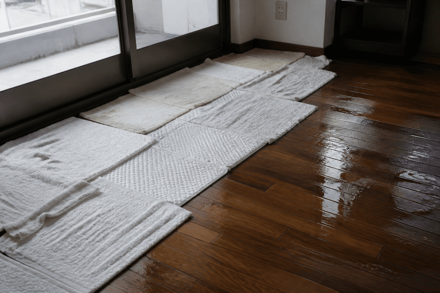 雨漏りで濡れた床に吸水シートや雑巾を敷き詰めている写真。]