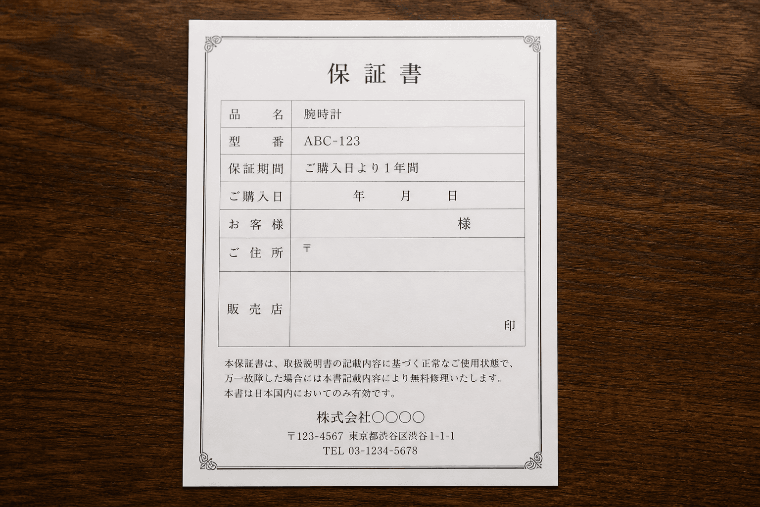 発行している保証書のサンプル画像]
