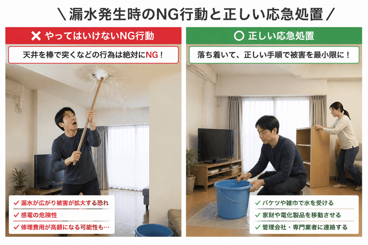 「やってはいけないNG行動」と「正しい応急処置」を比較したイラスト。左側に天井を棒で突いて水が噴き出しているパニック状態の様子、右側に落ち着いてバケツを置き、家財を移動させている正しい対処の様子を描く